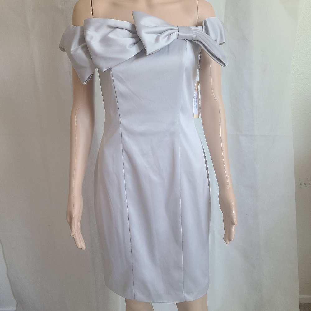 Issue Women's Off Shoulder Satin Bow Cocktail dress in Platinum